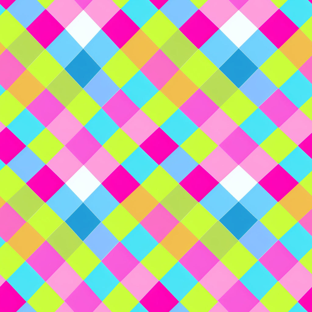 neon colors, bright pink, lime green, cyan blue, orange, white, gingham pattern, checkered design, diagonal squares, geometric pattern, vibrant colors,, fabric panel, modern style, contemporary design, eye-catching, colorful blocks, woven appearance, craft fabric, sewing material