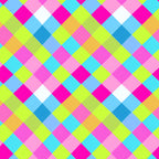 neon colors, bright pink, lime green, cyan blue, orange, white, gingham pattern, checkered design, diagonal squares, geometric pattern, vibrant colors,, fabric panel, modern style, contemporary design, eye-catching, colorful blocks, woven appearance, craft fabric, sewing material