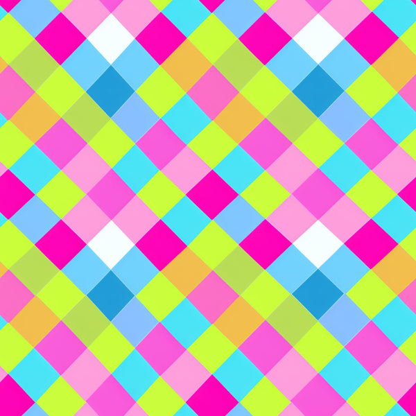 neon colors, bright pink, lime green, cyan blue, orange, white, gingham pattern, checkered design, diagonal squares, geometric pattern, vibrant colors,, fabric panel, modern style, contemporary design, eye-catching, colorful blocks, woven appearance, craft fabric, sewing material