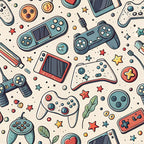 gaming controllers, video game controllers, handheld consoles, retro gaming, teal, coral, beige, cream, orange, stars, geometric shapes, scattered pattern, vintage style, nostalgic gaming, controller buttons, gaming accessories,, fabric panel, playful design, tech themed, gaming motif