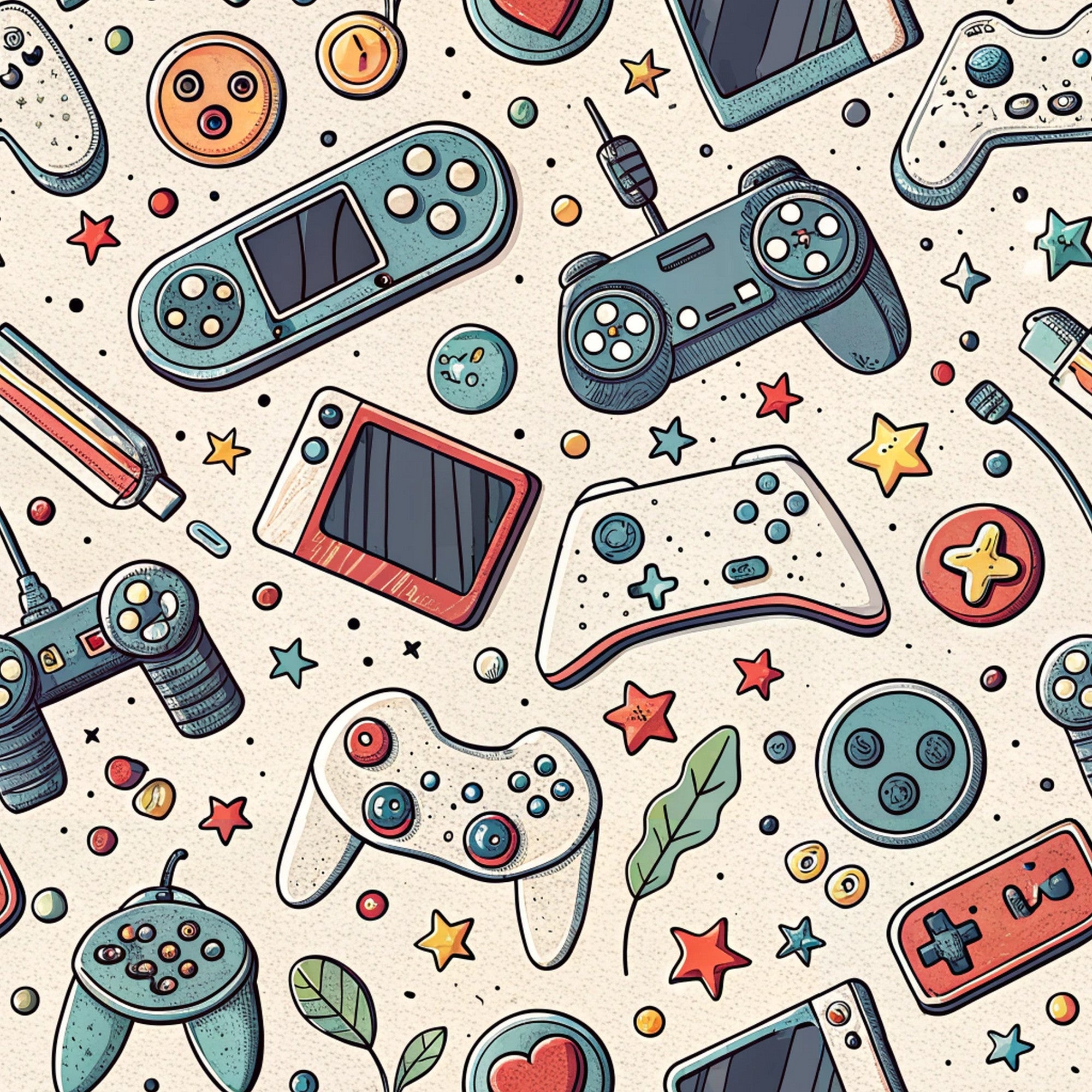 gaming controllers, video game controllers, handheld consoles, retro gaming, teal, coral, beige, cream, orange, stars, geometric shapes, scattered pattern, vintage style, nostalgic gaming, controller buttons, gaming accessories,, fabric panel, playful design, tech themed, gaming motif