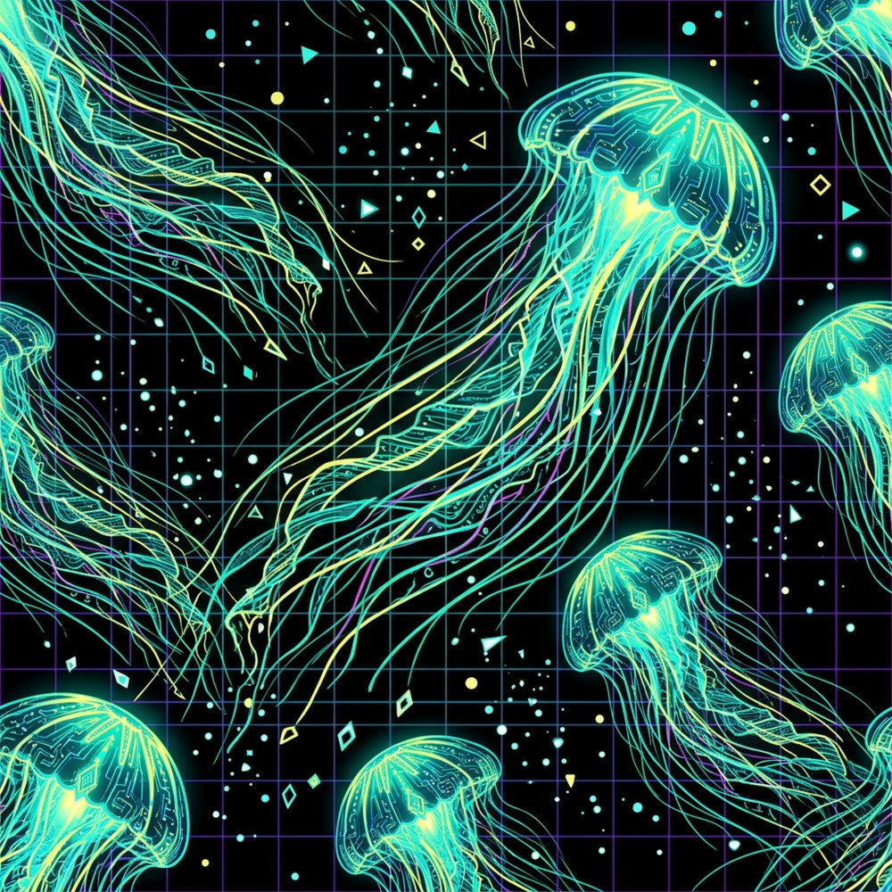 neon jellyfish, bioluminescent, glow in the dark, cyan, lime green, yellow-green, electric blue, purple, black background, neon, glowing, jellyfish, ocean creatures, marine life, underwater, futuristic, cyberpunk, sci-fi, science fiction, grid pattern, geometric, modern, contemporary, tech-inspired, digital art, space theme, cosmic, luminescent, novelty, kids room
