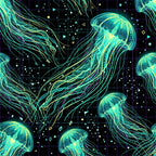 neon jellyfish, bioluminescent, glow in the dark, cyan, lime green, yellow-green, electric blue, purple, black background, neon, glowing, jellyfish, ocean creatures, marine life, underwater, futuristic, cyberpunk, sci-fi, science fiction, grid pattern, geometric, modern, contemporary, tech-inspired, digital art, space theme, cosmic, luminescent, novelty, kids room