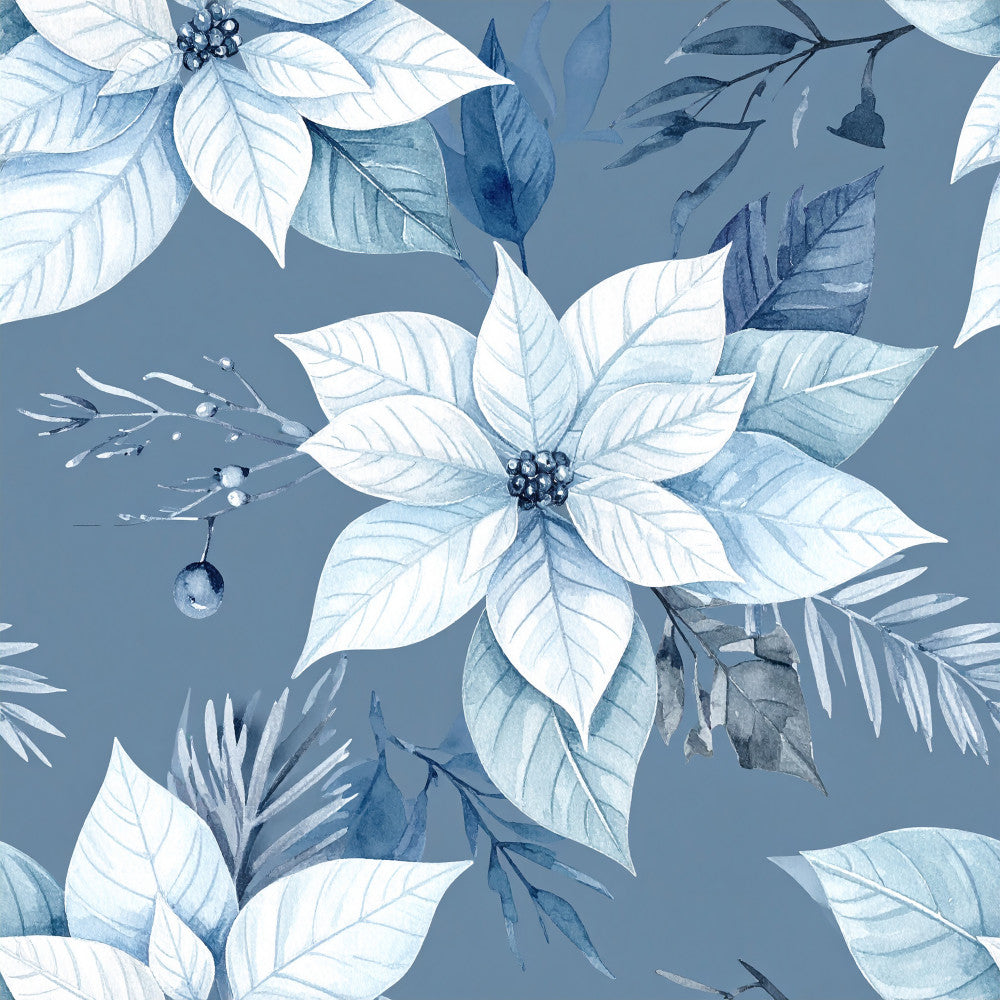 dusty blue, slate blue, white, botanical, floral, poinsettia, leaves, branches, berries, elegant, winter, christmas, holiday, nature, peaceful, serene, soft, delicate, watercolor, botanical illustration, evergreen, festive, traditional, sophisticated, calming, frost, wintery, seasonal, decorative
