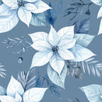 dusty blue, slate blue, white, botanical, floral, poinsettia, leaves, branches, berries, elegant, winter, christmas, holiday, nature, peaceful, serene, soft, delicate, watercolor, botanical illustration, evergreen, festive, traditional, sophisticated, calming, frost, wintery, seasonal, decorative