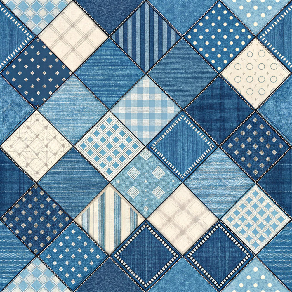 navy blue, sky blue, light blue, cream, white, geometric, diamond pattern, quilted patchwork, striped, polka dots, plaid, checkered, modern, traditional, classic, home decor, bedroom, bedding, coordinating prints, multi-pattern, denim blue, cottage core, farmhouse, timeless, coordinated fabric collection, mixed patterns, sophisticated, elegant, neutral accents
