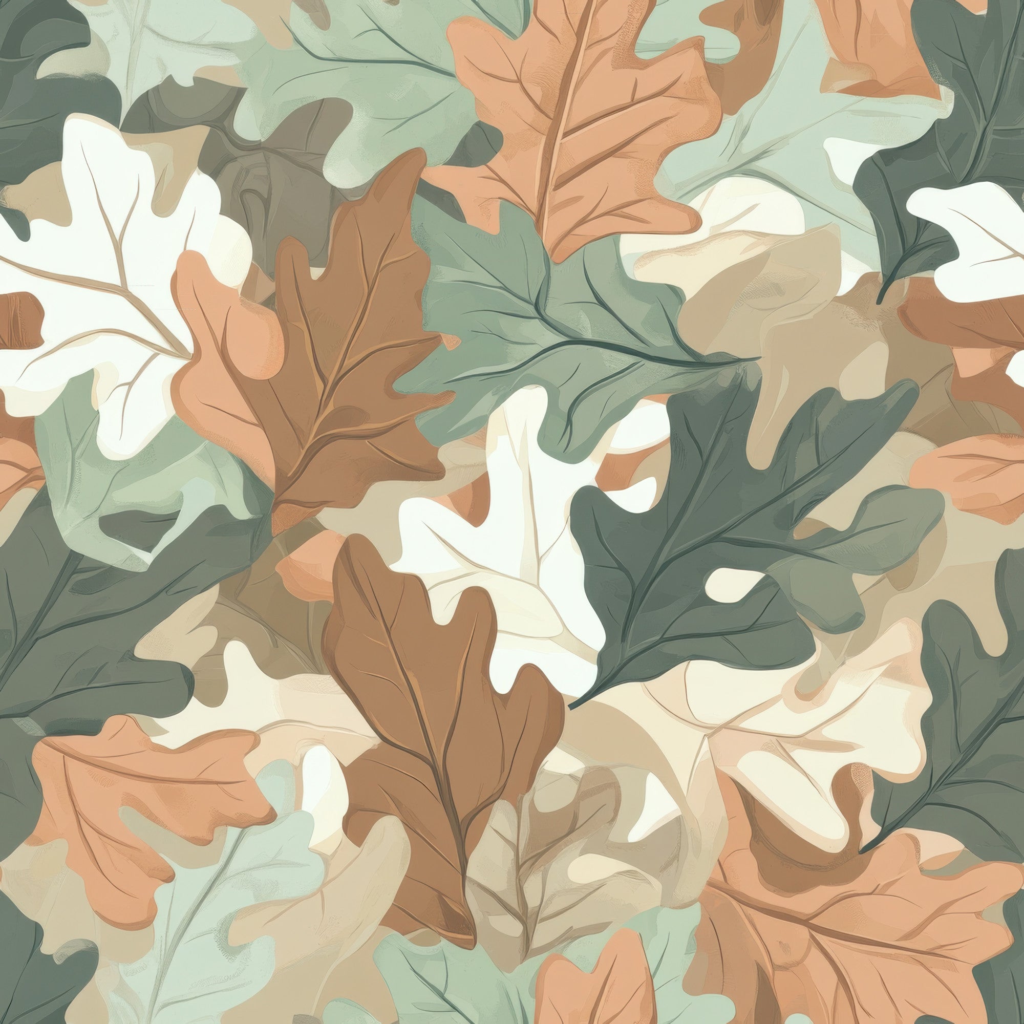 realistic camo, hunting camouflage, oak leaves, autumn foliage, sage green, rusty brown, cream white, beige tones, overlapping leaves, nature pattern, outdoor theme, woodland design,, fabric panel, fall colors, leaf silhouettes, camouflage print, hunting motif, earth tones, seasonal leaves