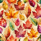 autumn leaves, fall foliage, watercolor leaves, maple leaves, red leaves, orange leaves, yellow leaves, golden yellow, burnt orange, deep red, burgundy, coral, cream background, nature themed, botanical, seasonal, autumn harvest, fall colors, warm tones, vibrant colors, leaf pattern, repeating pattern, whimsical, rustic, traditional, kids room, playroom, nature lover, cozy aesthetic