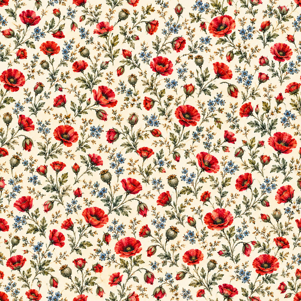 red poppies, cream background, floral pattern, vintage floral, blue flowers, botanical print, traditional style, elegant design, garden flowers, nature-inspired, cottage core, spring theme, summer garden, red and blue, multi-colored flowers, small florals, dense floral print, classic floral, timeless design, romantic style, delicate flowers, poppy flowers, wildflowers, meadow flowers, heritage pattern, country style, soft palette, nursery fabric, baby shower theme, heirloom design