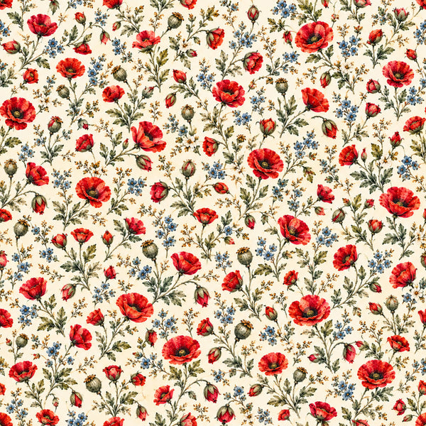 red poppies, cream background, floral pattern, vintage floral, blue flowers, botanical print, traditional style, elegant design, garden flowers, nature-inspired, cottage core, spring theme, summer garden, red and blue, multi-colored flowers, small florals, dense floral print, classic floral, timeless design, romantic style, delicate flowers, poppy flowers, wildflowers, meadow flowers, heritage pattern, country style, soft palette, nursery fabric, baby shower theme, heirloom design
