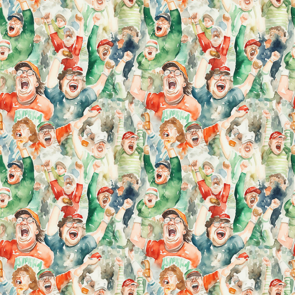 watercolor style, football fans, cheering crowd, sports pattern, red, green, blue, orange, excited expressions, celebrating people, stadium atmosphere, team spirit,, fabric panel, energetic mood, sports theme, crowd scene, vibrant colors, watercolor painting, football celebration