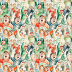 watercolor style, football fans, cheering crowd, sports pattern, red, green, blue, orange, excited expressions, celebrating people, stadium atmosphere, team spirit,, fabric panel, energetic mood, sports theme, crowd scene, vibrant colors, watercolor painting, football celebration