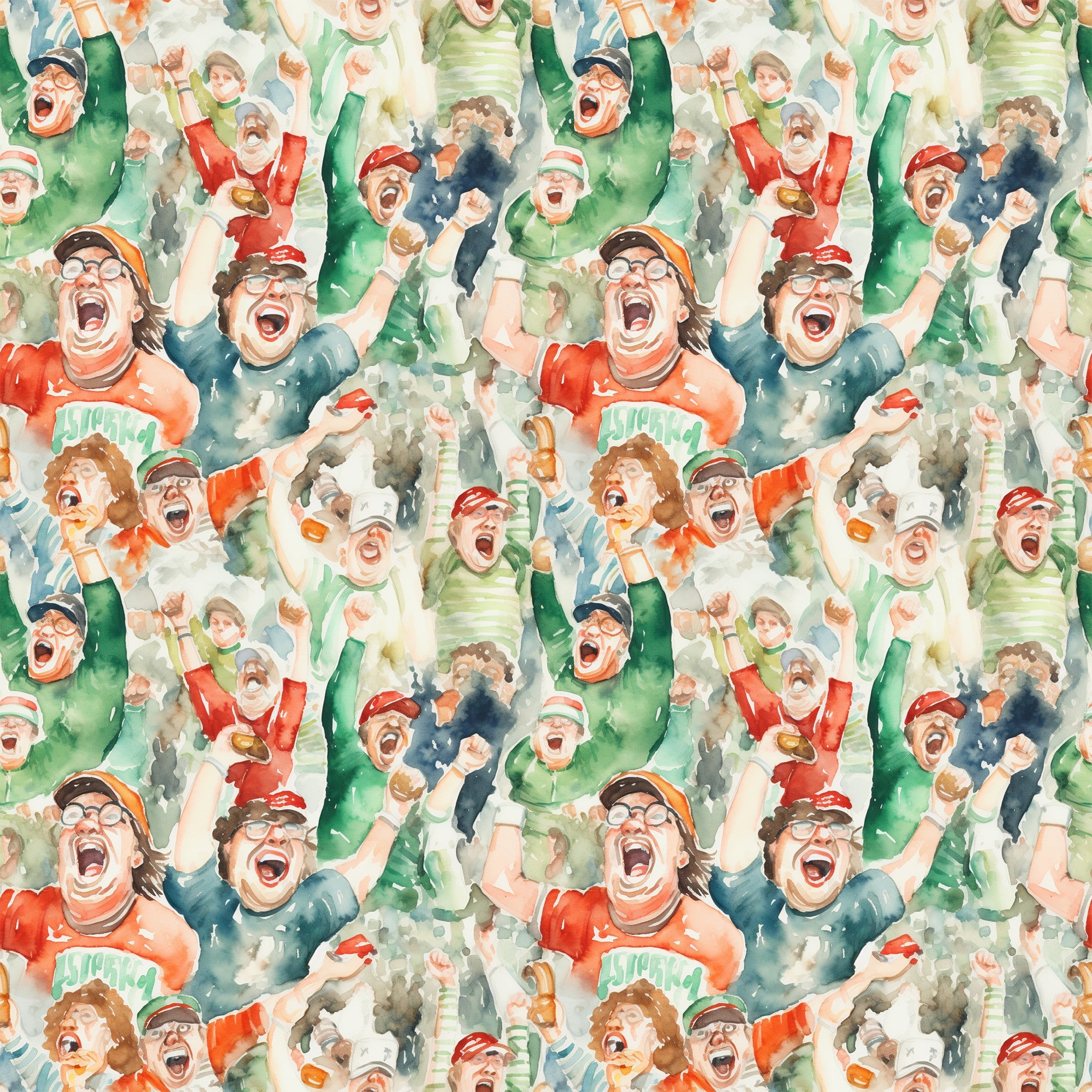 watercolor style, football fans, cheering crowd, sports pattern, red, green, blue, orange, excited expressions, celebrating people, stadium atmosphere, team spirit,, fabric panel, energetic mood, sports theme, crowd scene, vibrant colors, watercolor painting, football celebration