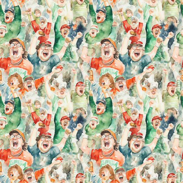 watercolor style, football fans, cheering crowd, sports pattern, red, green, blue, orange, excited expressions, celebrating people, stadium atmosphere, team spirit,, fabric panel, energetic mood, sports theme, crowd scene, vibrant colors, watercolor painting, football celebration