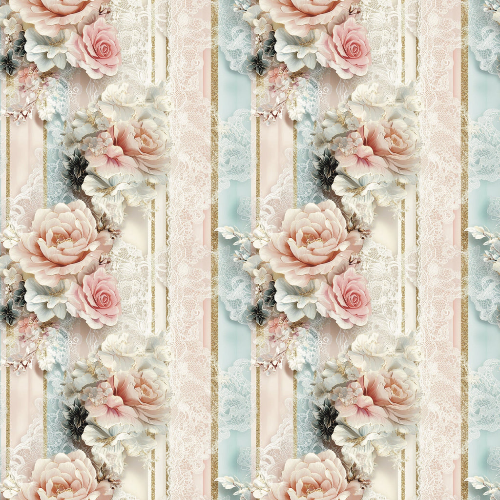 blush pink, sage green, cream, gold accents, floral stripes, roses, peonies, vintage flowers, lace texture, romantic style, shabby chic,, fabric panel, soft pastels, delicate blooms, feminine design, botanical pattern, layered florals, repeating motif, cottage style