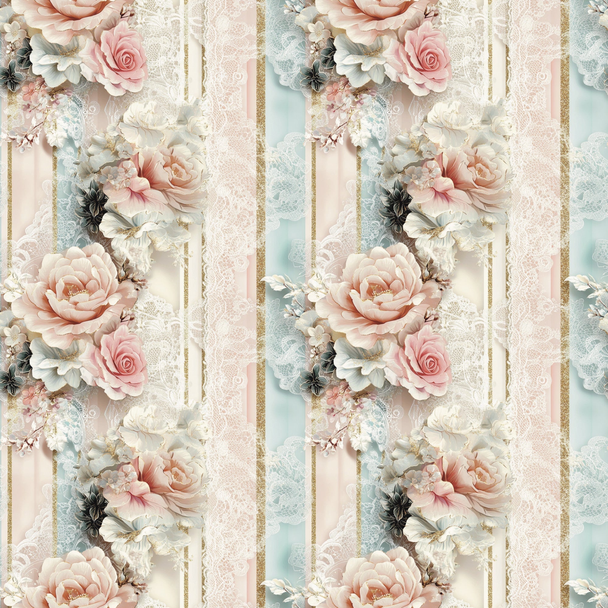 blush pink, sage green, cream, gold accents, floral stripes, roses, peonies, vintage flowers, lace texture, romantic style, shabby chic,, fabric panel, soft pastels, delicate blooms, feminine design, botanical pattern, layered florals, repeating motif, cottage style