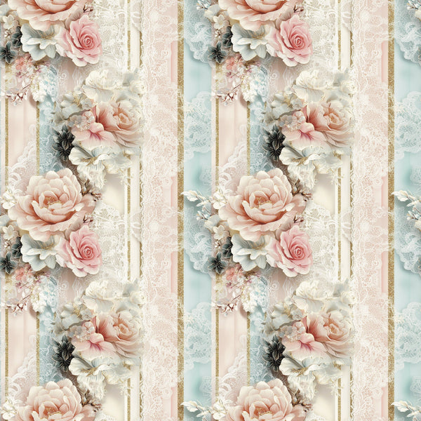 blush pink, sage green, cream, gold accents, floral stripes, roses, peonies, vintage flowers, lace texture, romantic style, shabby chic,, fabric panel, soft pastels, delicate blooms, feminine design, botanical pattern, layered florals, repeating motif, cottage style