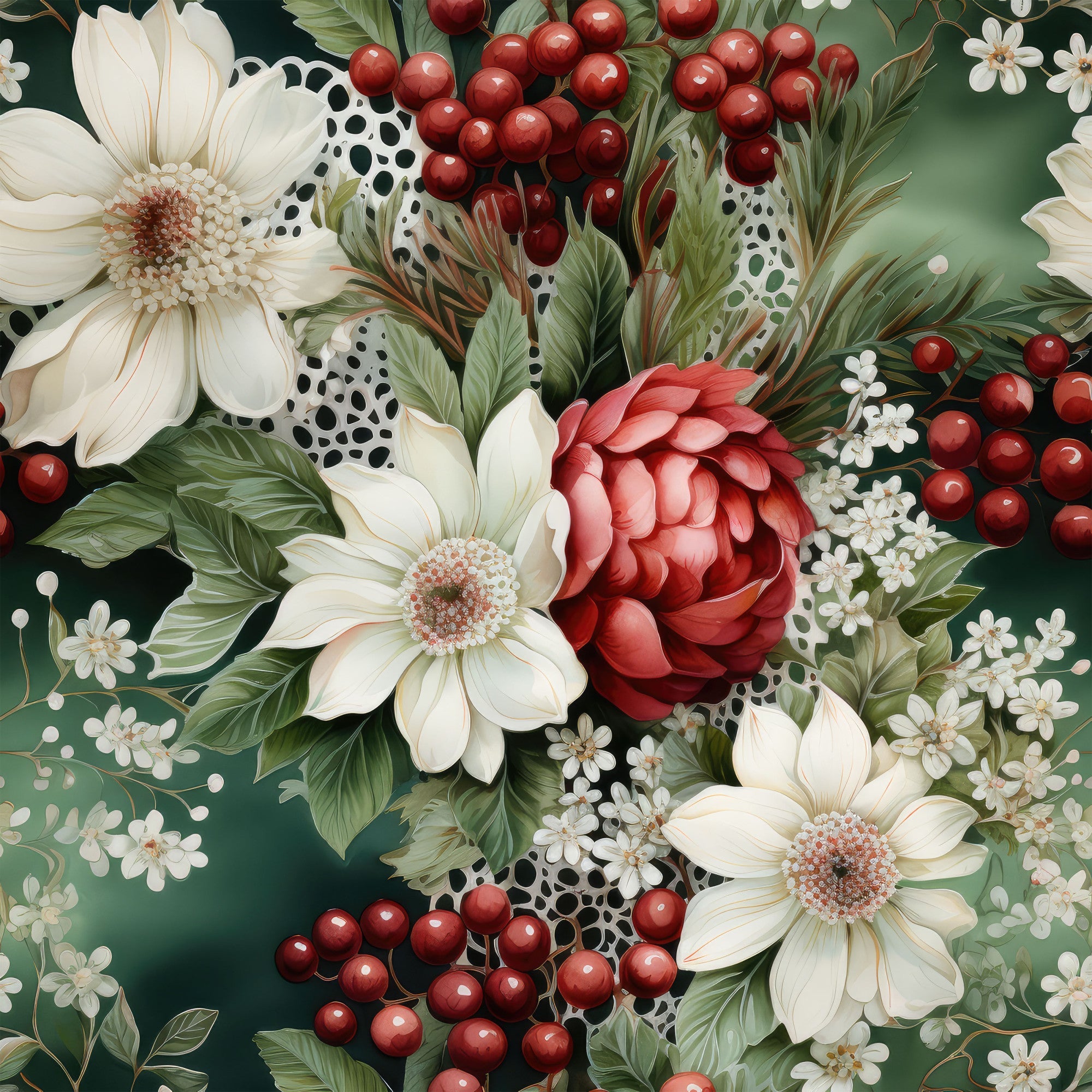 christmas florals, holiday flowers, red berries, cream flowers, white blooms, coral peony, evergreen foliage, pine needles, festive botanicals, winter arrangement, polka dot accents,, fabric panel, holiday crafting, christmas sewing, floral pattern, botanical design, seasonal motifs, deep green background, holiday colors
