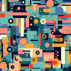 groovy, boho, hippie, retro, geometric shapes, abstract pattern, teal, coral, orange, navy blue, cream, circles, rectangles, mod style, 1970s inspired, psychedelic,, fabric panel, overlapping forms, vintage aesthetic, colorful design, funky pattern