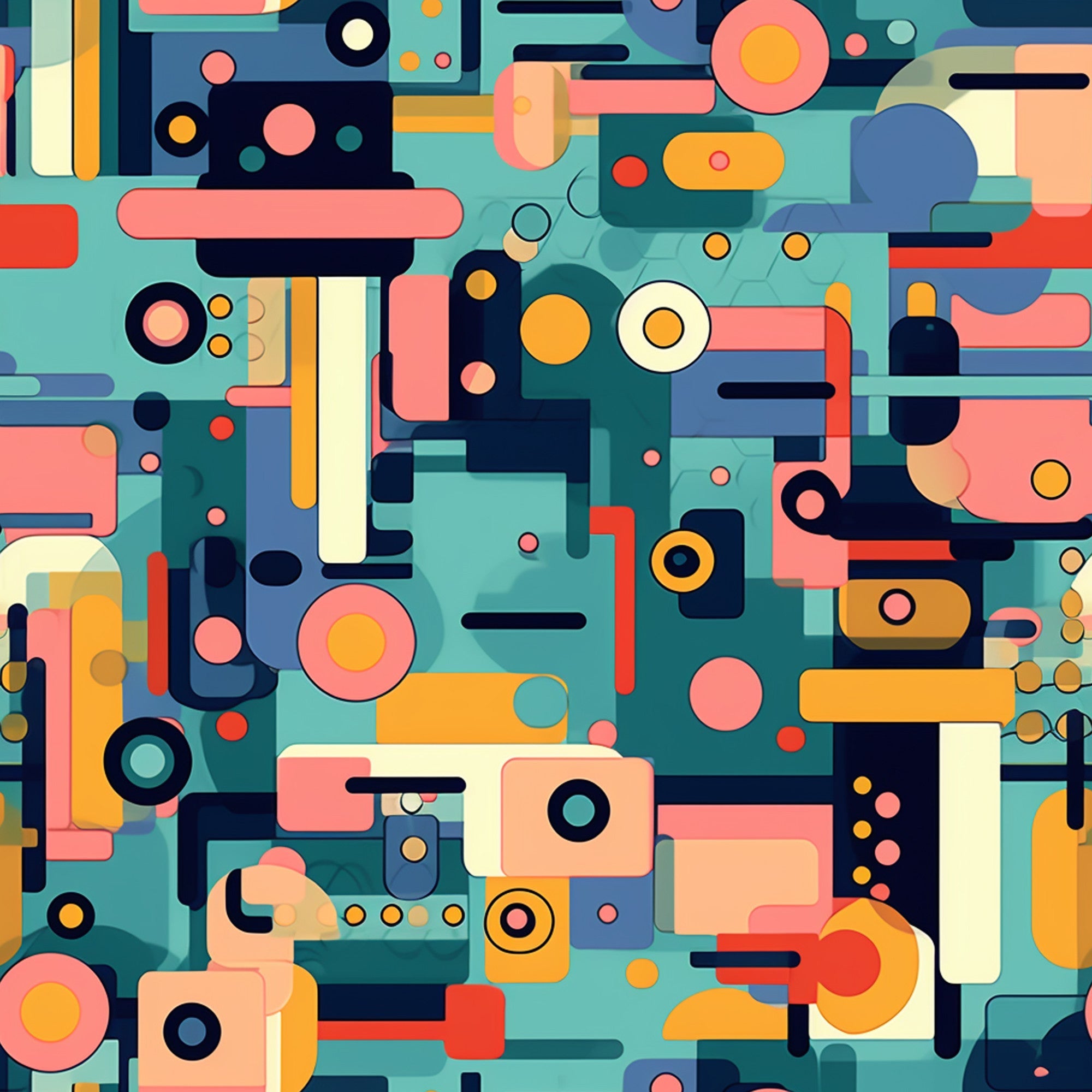 groovy, boho, hippie, retro, geometric shapes, abstract pattern, teal, coral, orange, navy blue, cream, circles, rectangles, mod style, 1970s inspired, psychedelic,, fabric panel, overlapping forms, vintage aesthetic, colorful design, funky pattern
