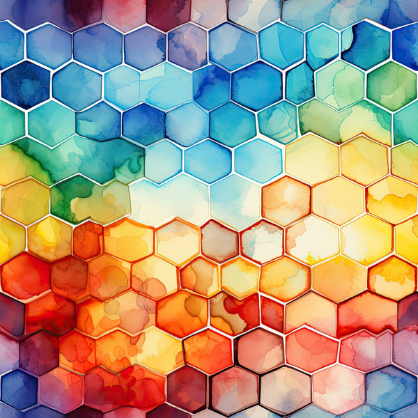watercolor, honeycomb pattern, hexagonal shapes, geometric design, rainbow gradient, blue tones, green hues, yellow shades, orange colors, red accents, purple tints, ombre effect, abstract art, modern style,, fabric panel, vibrant colors, flowing watercolors, artistic pattern, contemporary design