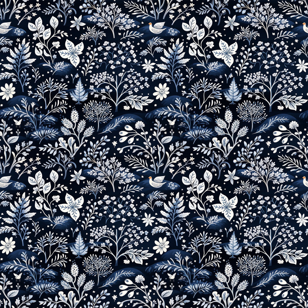 navy blue, delft blue, white, cream, floral pattern, botanical motifs, birds, leaves, branches, flowers, folk art style, intricate design, winter theme,, fabric panel, seamless repeat, decorative elements, nature inspired, monochromatic palette, crafting fabric