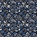 navy blue, delft blue, white, cream, floral pattern, botanical motifs, birds, leaves, branches, flowers, folk art style, intricate design, winter theme,, fabric panel, seamless repeat, decorative elements, nature inspired, monochromatic palette, crafting fabric