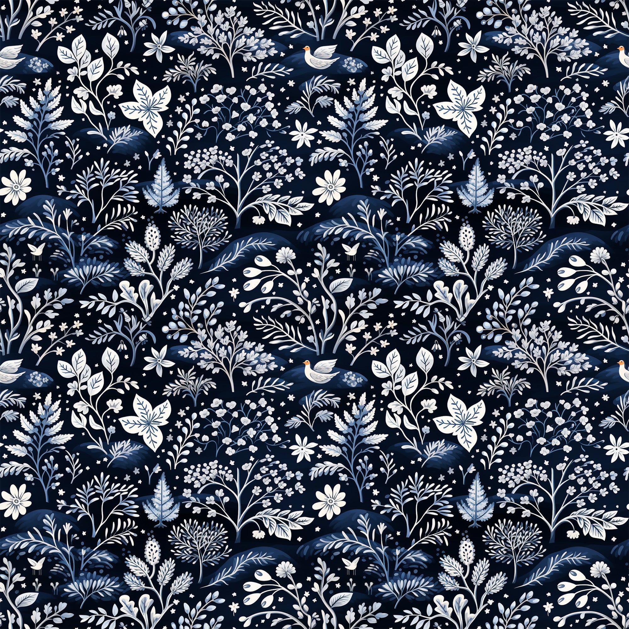 navy blue, delft blue, white, cream, floral pattern, botanical motifs, birds, leaves, branches, flowers, folk art style, intricate design, winter theme,, fabric panel, seamless repeat, decorative elements, nature inspired, monochromatic palette, crafting fabric