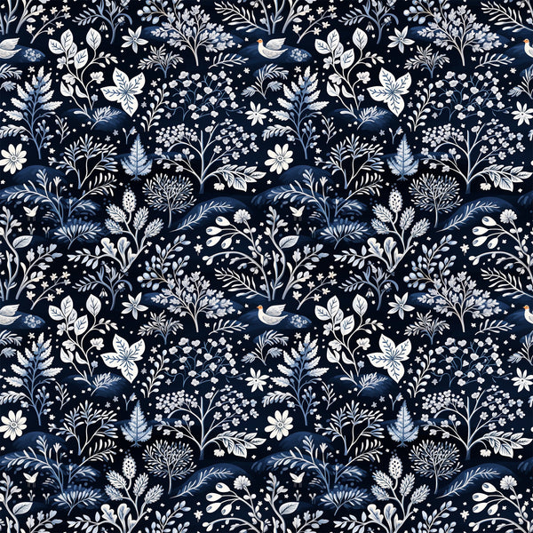 navy blue, delft blue, white, cream, floral pattern, botanical motifs, birds, leaves, branches, flowers, folk art style, intricate design, winter theme,, fabric panel, seamless repeat, decorative elements, nature inspired, monochromatic palette, crafting fabric