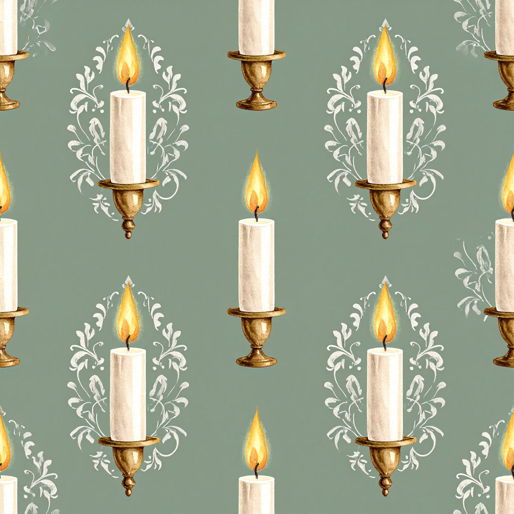 sage green, cream, gold, white, candlelight, ornamental, damask, filigree, candles, baroque, victorian, elegant, vintage, romantic, traditional, botanical, scrollwork, formal, classic, timeless, holiday, decorative, luxury, ornate, festive, illuminated flames, calming, sophisticated, graceful