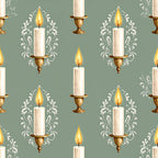 sage green, cream, gold, white, candlelight, ornamental, damask, filigree, candles, baroque, victorian, elegant, vintage, romantic, traditional, botanical, scrollwork, formal, classic, timeless, holiday, decorative, luxury, ornate, festive, illuminated flames, calming, sophisticated, graceful