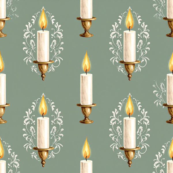 sage green, cream, gold, white, candlelight, ornamental, damask, filigree, candles, baroque, victorian, elegant, vintage, romantic, traditional, botanical, scrollwork, formal, classic, timeless, holiday, decorative, luxury, ornate, festive, illuminated flames, calming, sophisticated, graceful