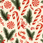 red and white candy cane, peppermint, holiday, christmas, festive, winter, evergreen branches, holly berries, red swirl lollipops, candy themed, whimsical, playful, cream background, forest green, bright red, vintage christmas, retro holiday, traditional, children's, kids room, playroom, nursery, sweet treats, confectionery, seasonal decor, classic holiday pattern