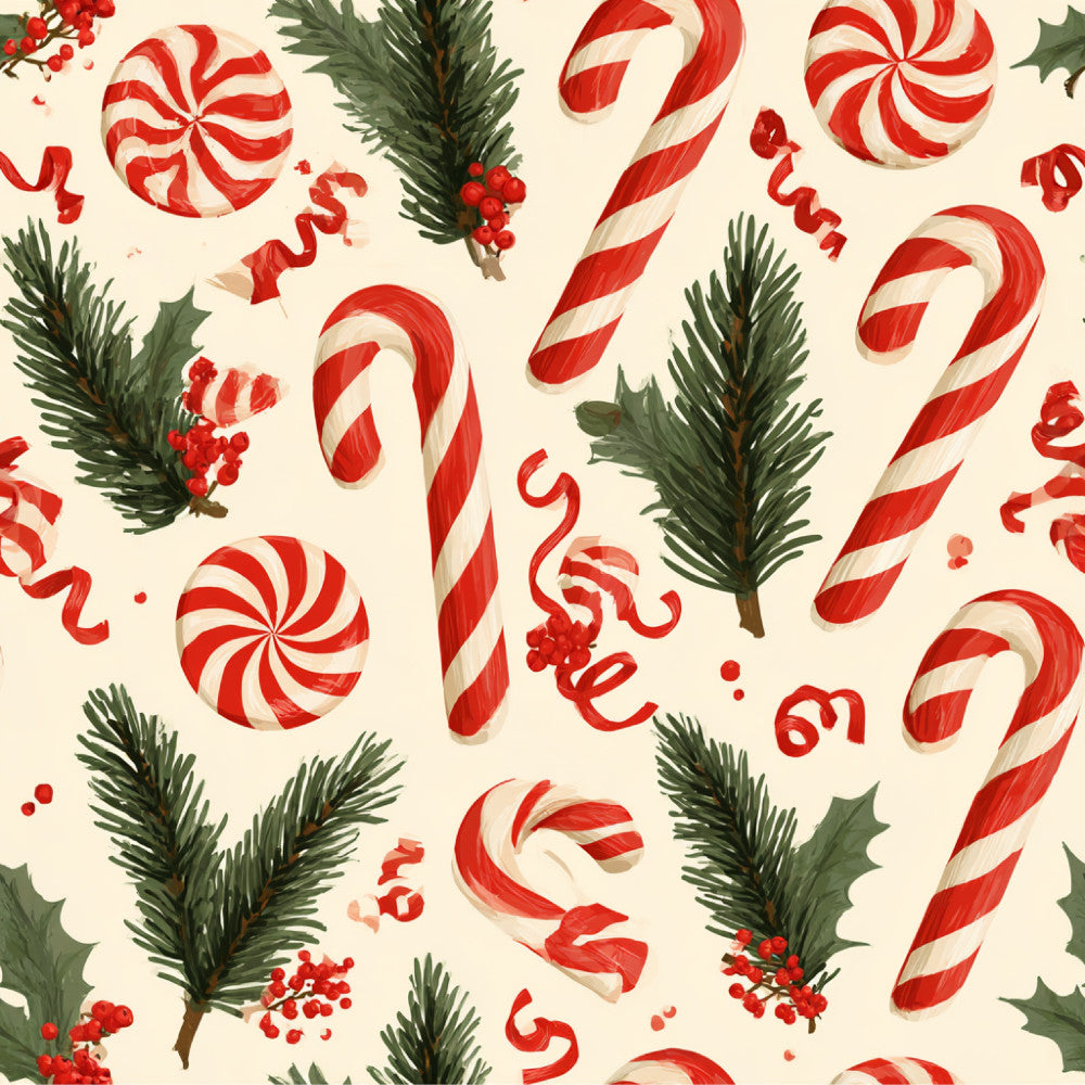 red and white candy cane, peppermint, holiday, christmas, festive, winter, evergreen branches, holly berries, red swirl lollipops, candy themed, whimsical, playful, cream background, forest green, bright red, vintage christmas, retro holiday, traditional, children's, kids room, playroom, nursery, sweet treats, confectionery, seasonal decor, classic holiday pattern