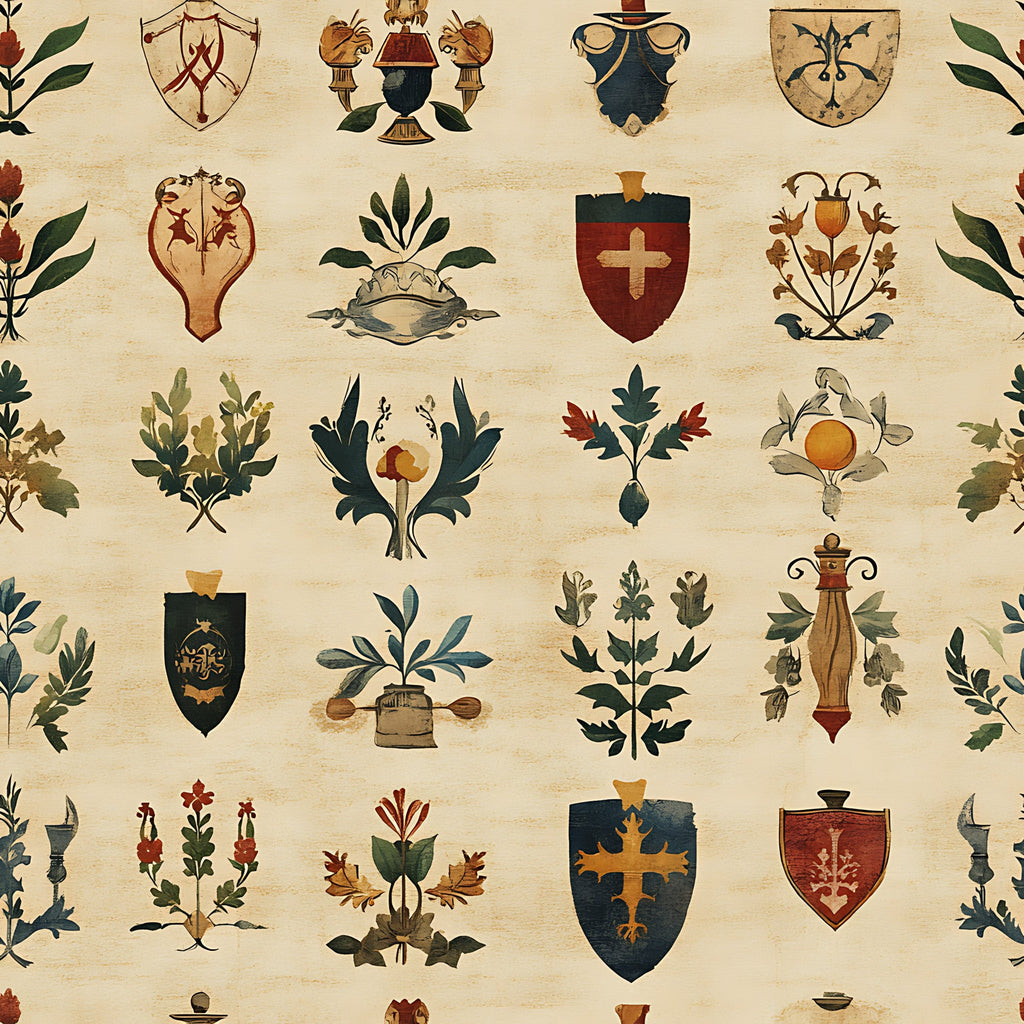 rustic heraldic shields, medieval banners, botanical motifs, oak leaves, acorns, crosses, cream background, forest green, burgundy red, golden brown, coat of arms, european style, vintage inspired,, fabric panel, autumn colors, decorative crests, nature elements, antique finish, muted tones