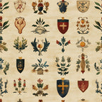 rustic heraldic shields, medieval banners, botanical motifs, oak leaves, acorns, crosses, cream background, forest green, burgundy red, golden brown, coat of arms, european style, vintage inspired,, fabric panel, autumn colors, decorative crests, nature elements, antique finish, muted tones
