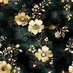 deep forest green, gold, cream, ivory, vintage floral, botanical, elegant, timeless, classic, traditional, ornamental flowers, delicate leaves, nature, sophisticated, dark background, metallic gold accents, romantic, antique, damask-inspired, garden flowers, detailed florals, ornate, luxe, statement pattern, jewel tone, distressed vintage, botanical art, formal decor, home décor, upholstery
