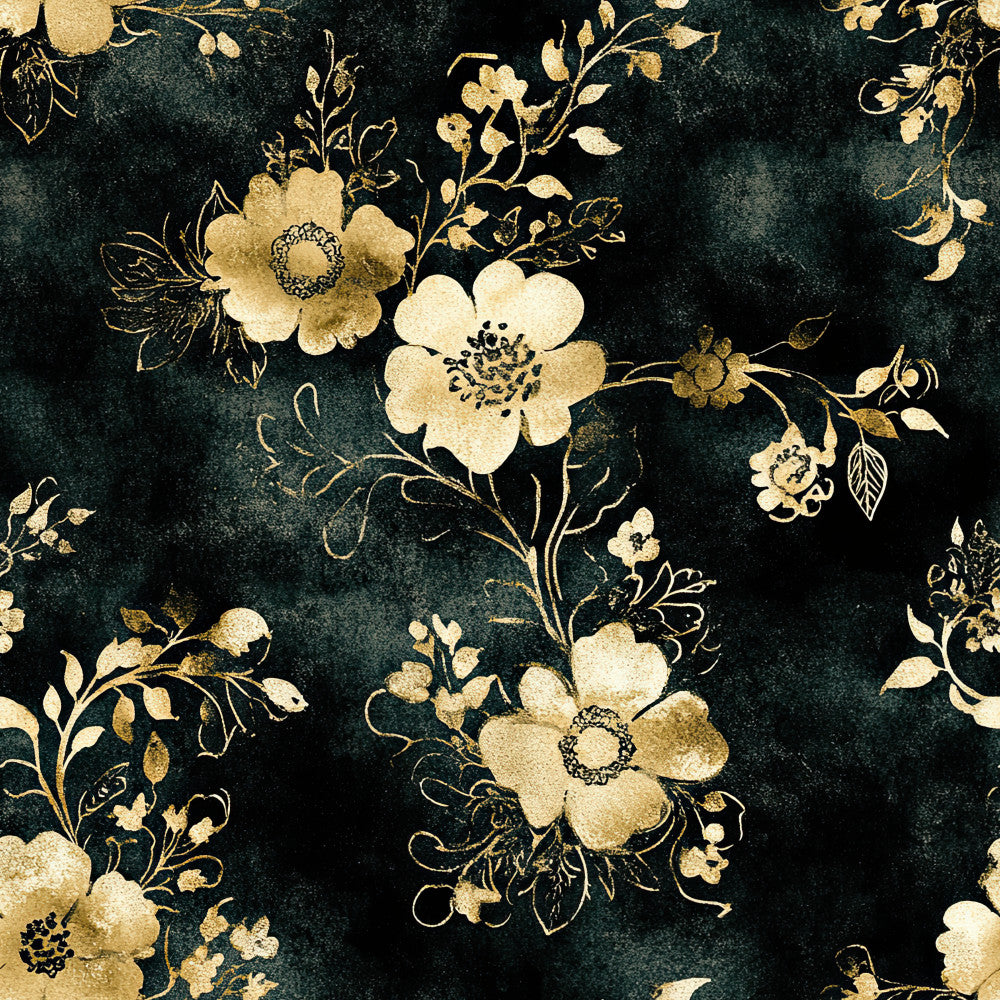 deep forest green, gold, cream, ivory, vintage floral, botanical, elegant, timeless, classic, traditional, ornamental flowers, delicate leaves, nature, sophisticated, dark background, metallic gold accents, romantic, antique, damask-inspired, garden flowers, detailed florals, ornate, luxe, statement pattern, jewel tone, distressed vintage, botanical art, formal decor, home décor, upholstery