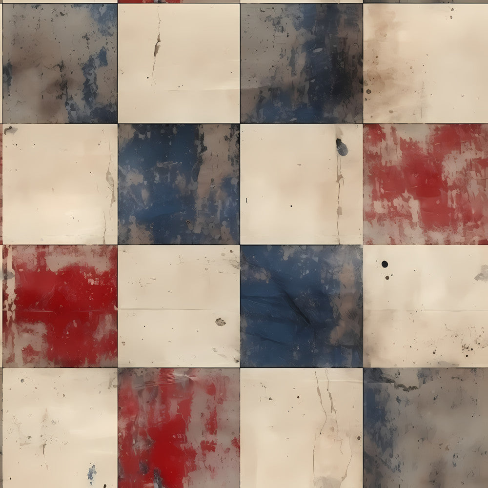distressed, vintage, grunge, weathered, industrial, abstract, cream, beige, navy blue, red, rust red, burgundy, paint splatter, texture, modern, contemporary, artistic, urban style, worn, aged, minimalist, eclectic, bohemian, mixed media, color blocking, stained, patched, collage, artistic expression