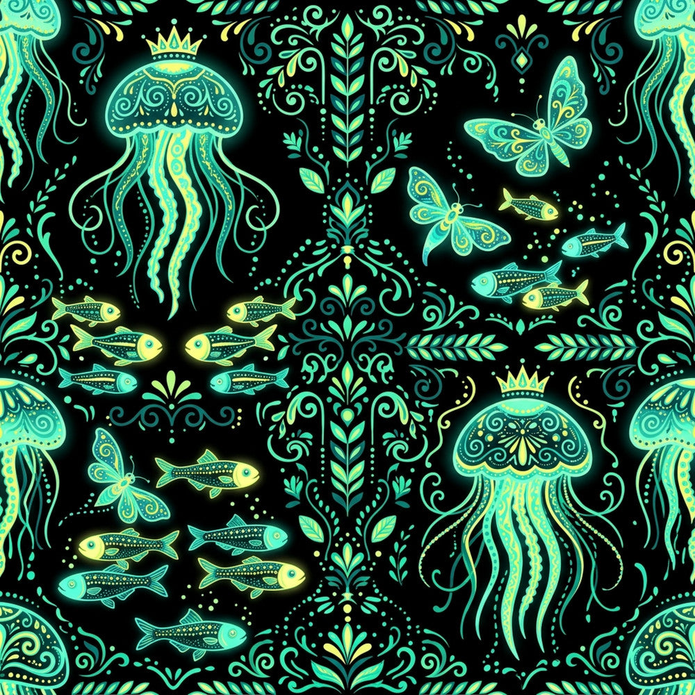 turquoise, lime green, yellow-green, cyan, black background, ocean, nautical, marine life, jellyfish, fish, butterflies, moths, dragonflies, ornamental, damask, baroque, whimsical, elegant, celestial, decorative scrolls, flourishes, crown, royal, fantasy, magical, tropical, sea creatures, bioluminescent, glowing, intricate detail