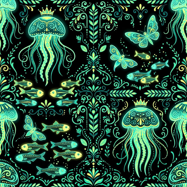 turquoise, lime green, yellow-green, cyan, black background, ocean, nautical, marine life, jellyfish, fish, butterflies, moths, dragonflies, ornamental, damask, baroque, whimsical, elegant, celestial, decorative scrolls, flourishes, crown, royal, fantasy, magical, tropical, sea creatures, bioluminescent, glowing, intricate detail