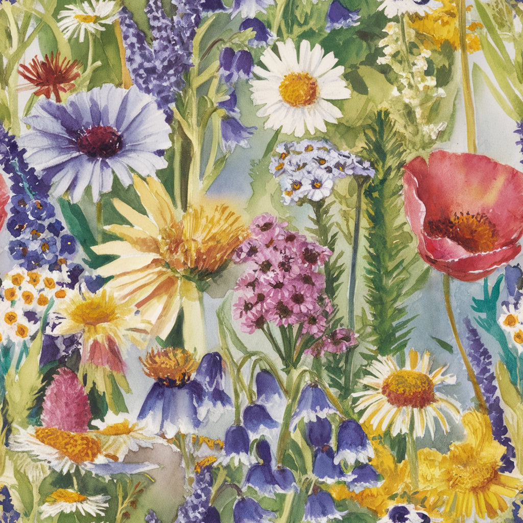 wildflowers, watercolor style, botanical illustration, purple lupines, white daisies, red poppies, yellow blooms, pink flowers, lavender, cornflowers, meadow flowers, spring garden, nature pattern, floral motifs,, fabric panel, artistic rendering, garden theme, mixed florals, soft pastels