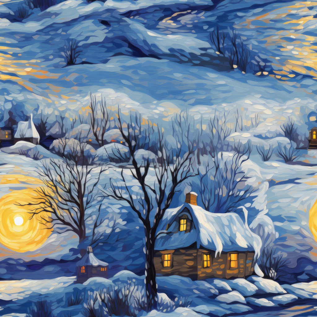 winter landscape, snow-covered cottage, swirling sky, bare trees, golden sun, blue tones, orange accents, white snow,, fabric panel, cozy cabin, glowing windows, van gogh style, impressionistic brushstrokes, peaceful scene, dawn light, snowy village, artistic swirls, winter morning, textile art