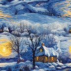 winter landscape, snow-covered cottage, swirling sky, bare trees, golden sun, blue tones, orange accents, white snow,, fabric panel, cozy cabin, glowing windows, van gogh style, impressionistic brushstrokes, peaceful scene, dawn light, snowy village, artistic swirls, winter morning, textile art