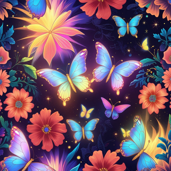 fantasy butterflies,, fabric panel, vibrant colors, blue butterflies, coral flowers, purple background, tropical blooms, magical atmosphere, floral pattern, nature motifs, bright orange, turquoise wings, glowing effects, whimsical design, butterfly wings, exotic flowers, luminous details, enchanted garden, colorful petals
