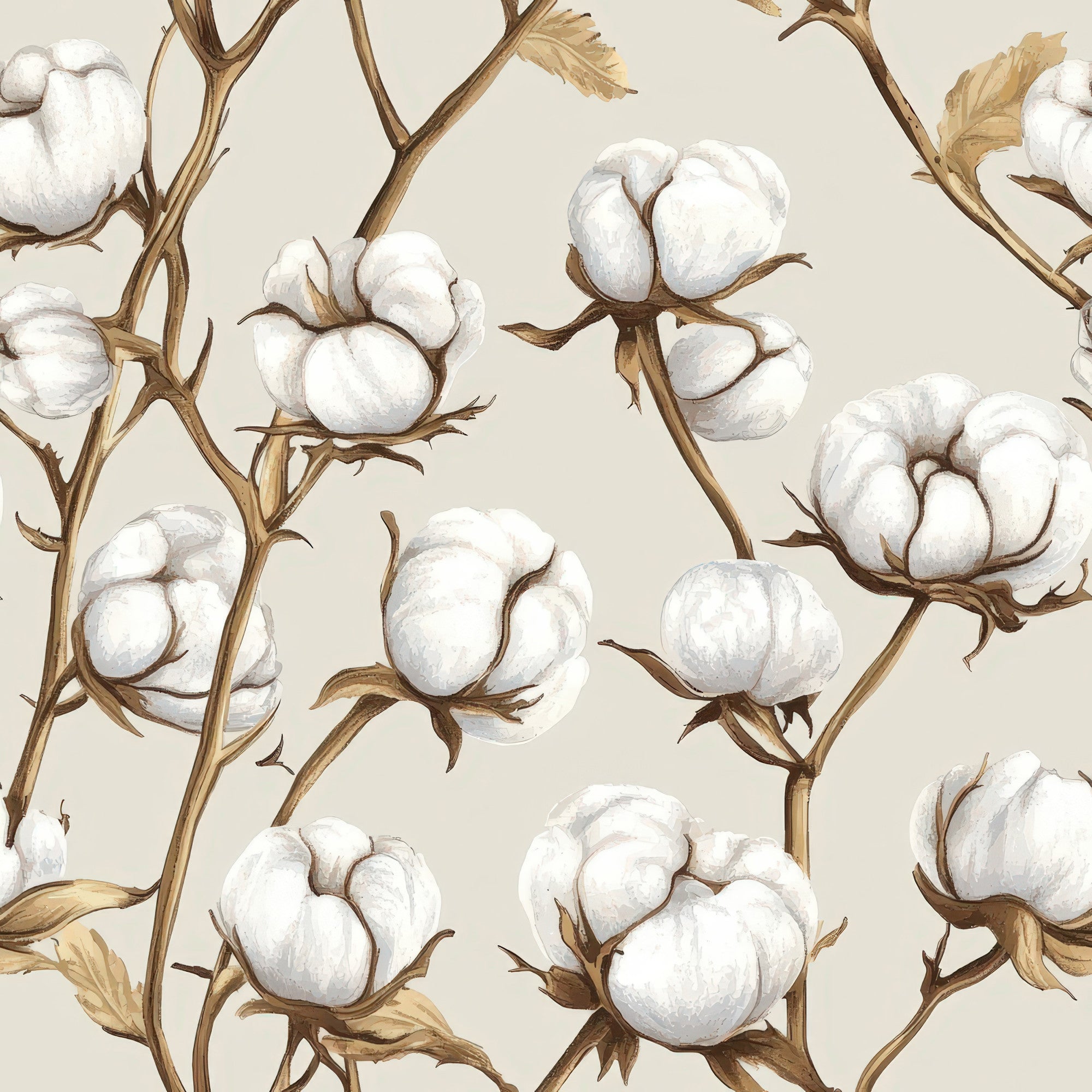beige background, white cotton bolls, brown stems, botanical pattern, cotton plants, natural fibers,, fabric panel, cream colored, tan branches, floral motif, organic design, plant illustration, textile print, neutral tones, farmhouse style, agriculture theme, cotton harvest, vintage botanical, seamless pattern