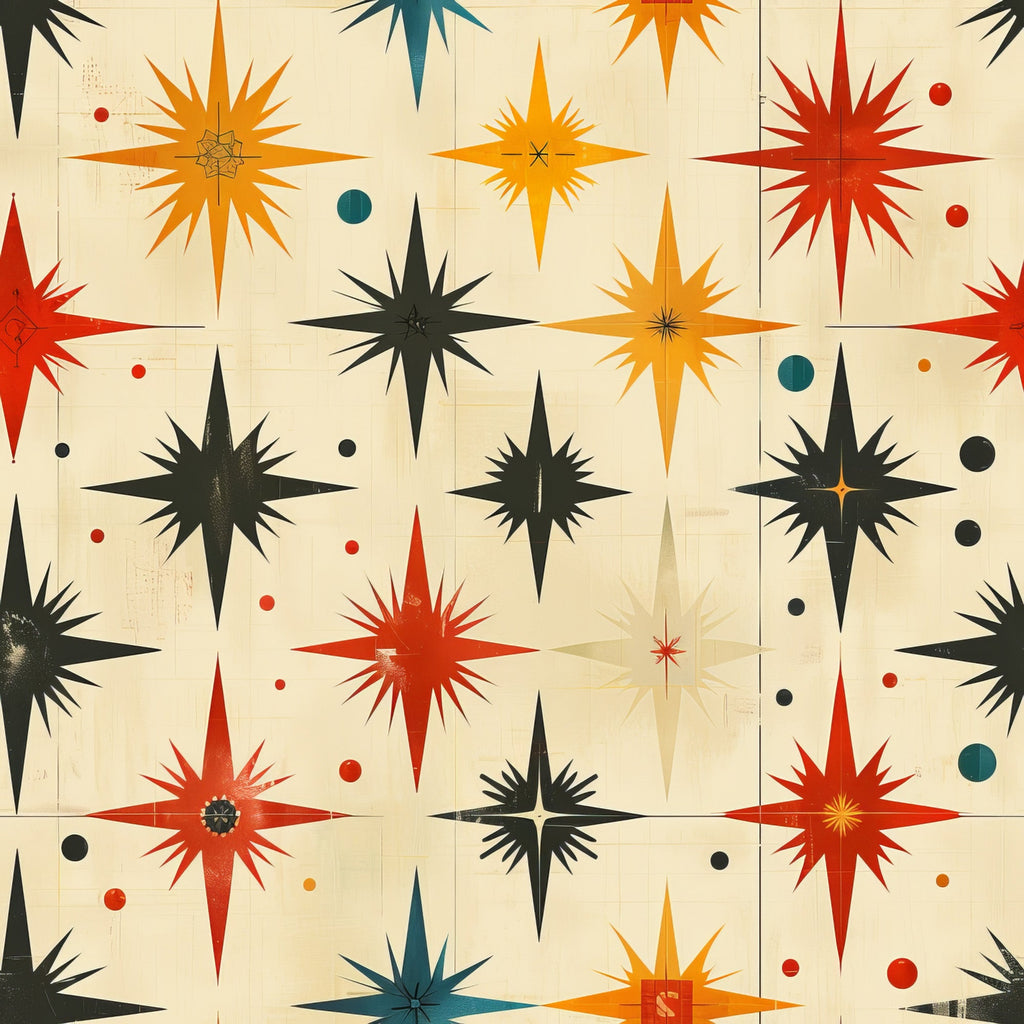 retro starburst, mid-century modern, atomic age, orange, red, teal, black, cream, beige, geometric stars, sunburst pattern, radiating points, vintage style, scattered dots,, fabric panel, 1950s inspired, space age design, angular shapes, multi-colored starbursts