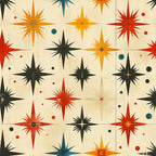 retro starburst, mid-century modern, atomic age, orange, red, teal, black, cream, beige, geometric stars, sunburst pattern, radiating points, vintage style, scattered dots,, fabric panel, 1950s inspired, space age design, angular shapes, multi-colored starbursts
