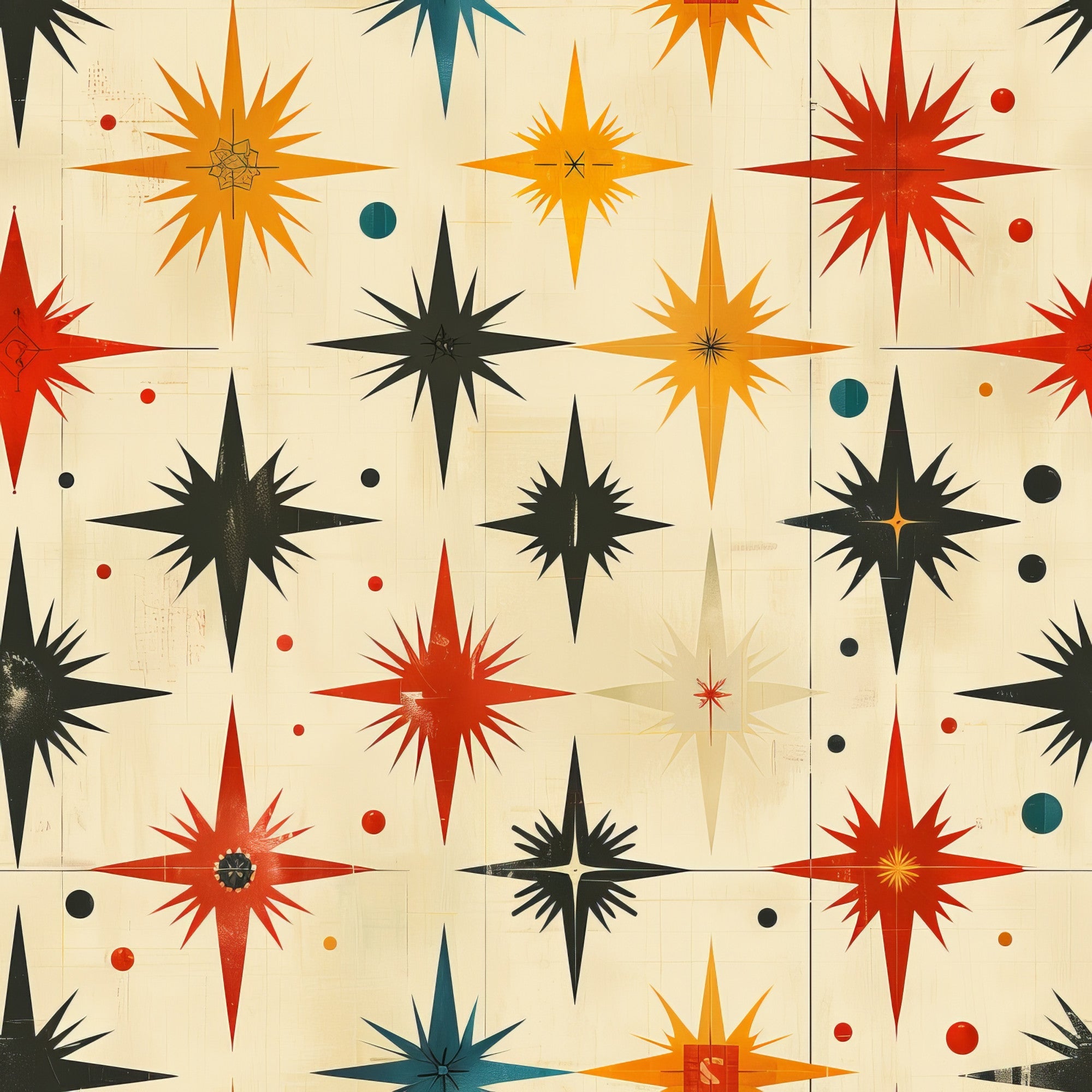 retro starburst, mid-century modern, atomic age, orange, red, teal, black, cream, beige, geometric stars, sunburst pattern, radiating points, vintage style, scattered dots,, fabric panel, 1950s inspired, space age design, angular shapes, multi-colored starbursts