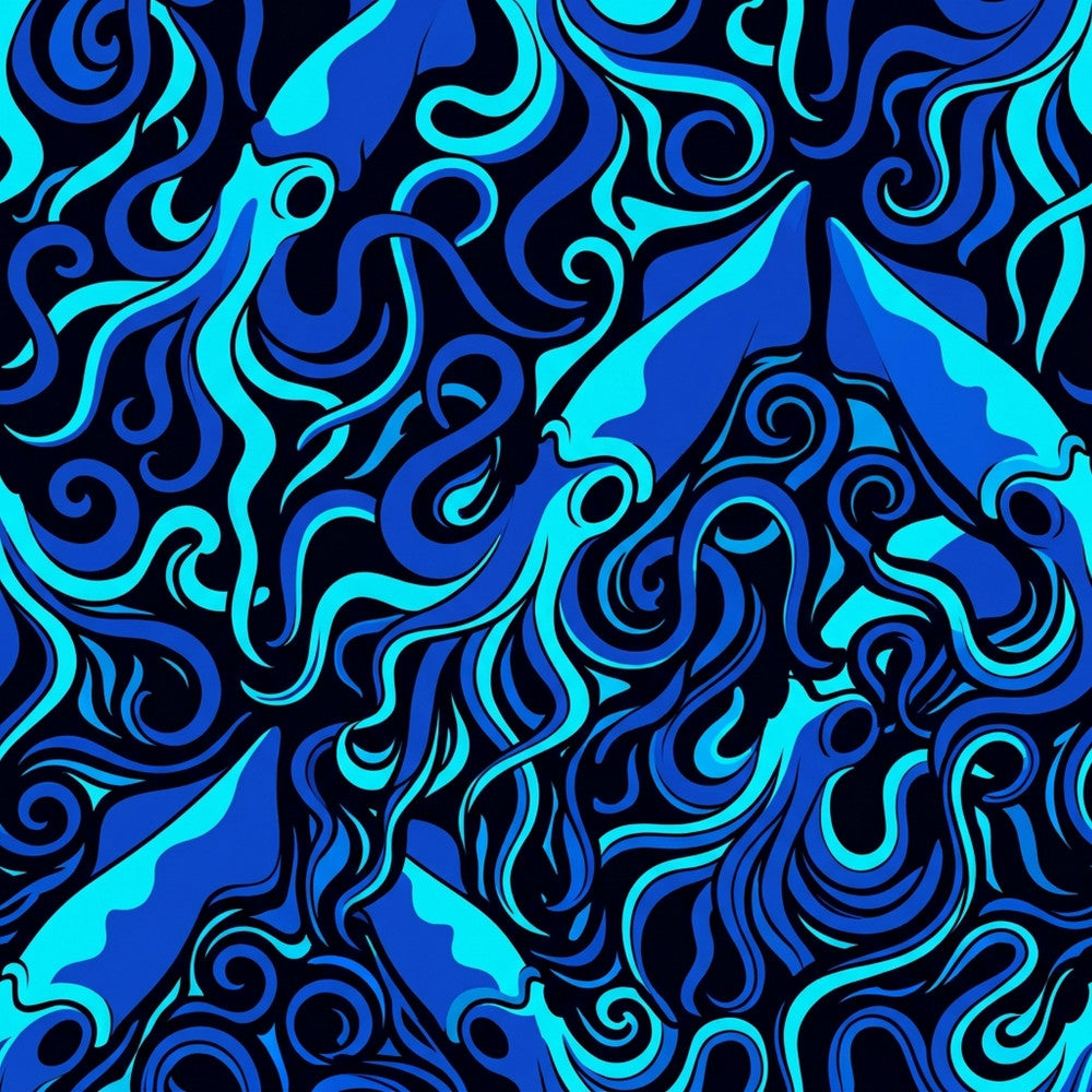 cyan blue, electric blue, royal blue, navy blue, bright cyan, turquoise, swirling, abstract, wave pattern, fluid, organic, modern, contemporary, psychedelic, groovy, retro, vibrant, bold, energetic, dynamic, flowing curves, spiral motif, decorative, artistic, playroom, kids room, teen room, modern nursery, cool colors, neon aesthetic